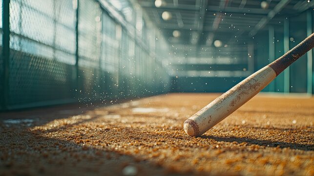 Baseball Bat on Dusty Field, Batting Cage Background