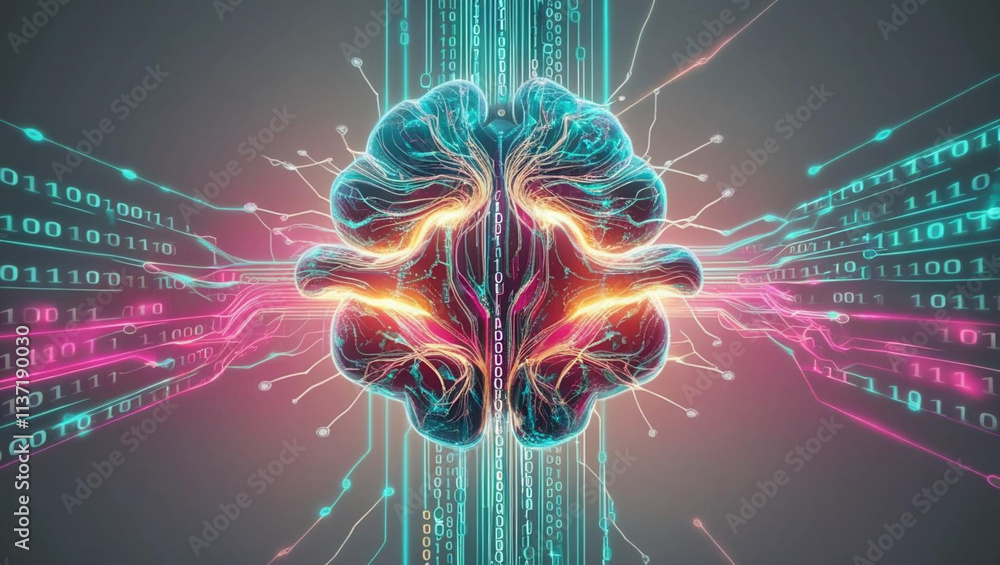 Poster conceptual ai neural network glowing in vibrant hues with binary code streaming, representing advanc