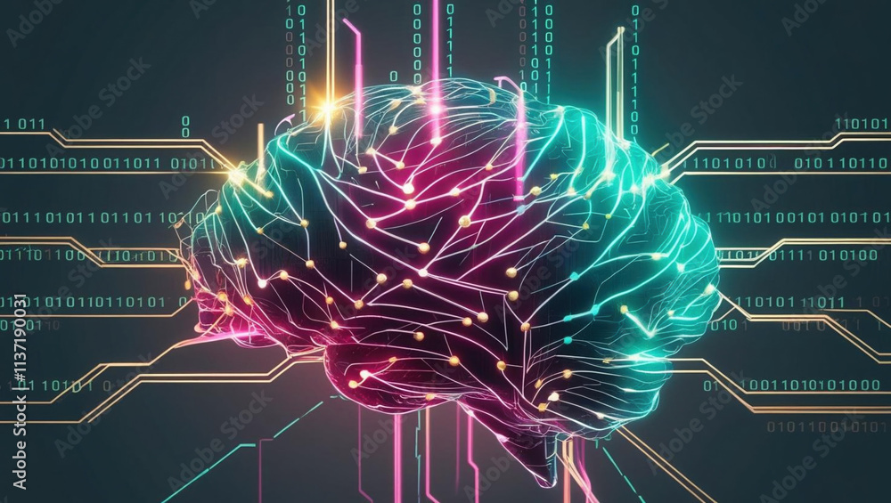 Poster conceptual ai neural network glowing in vibrant hues with binary code streaming, representing advanc
