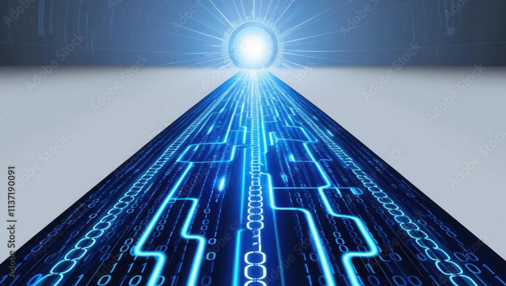 Poster digital pathway glowing with blue lights and flowing binary code leads toward radiant ai core, symbo