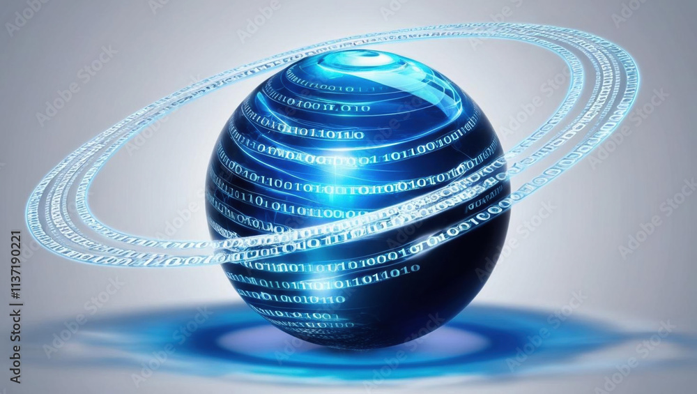 Poster digital sphere glowing with blue and white light, surrounded by streams of binary code, symbolizes a