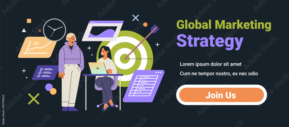 Poster global marketing strategy business concept with two people discussing at a table surrounded by chart