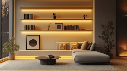 Modern Minimalist Living Room Interior Design with Warm Lighting