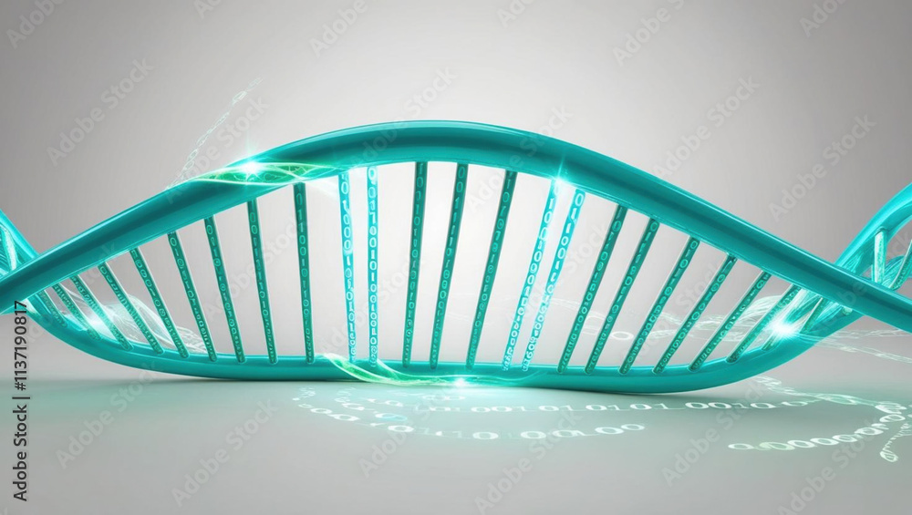 Poster symbolic digital dna strand glowing with flowing binary code, showcasing integration of ai with biol