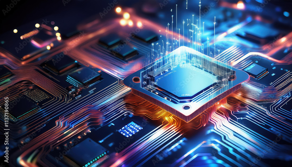 Poster close up of glowing ai processor on motherboard, with binary code streaming outward, showcasing adva