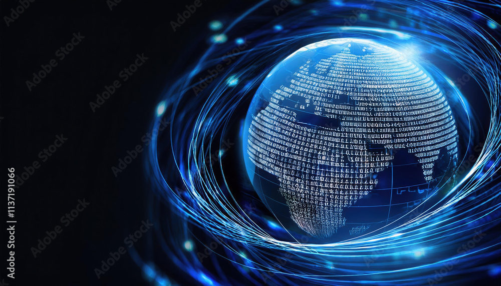 Poster conceptual ai globe surrounded by swirling binary code streams symbolizes data driven technology and
