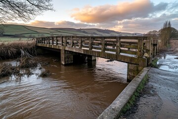 Charming Rustic Wooden Bridge Overflowing with River Waters Surrounded by Lush Green Hills and Scenic Landscape at Dusk