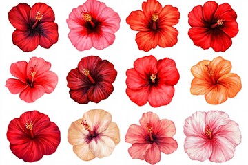 Obraz premium Twelve Vibrant Hibiscus Flowers Red Pink Orange Botanical Illustration Floral Design Nature Bloom