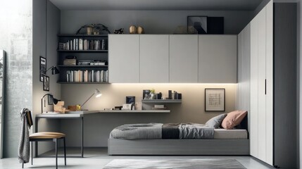 Modern minimalist bedroom with built-in storage, desk, and bed.