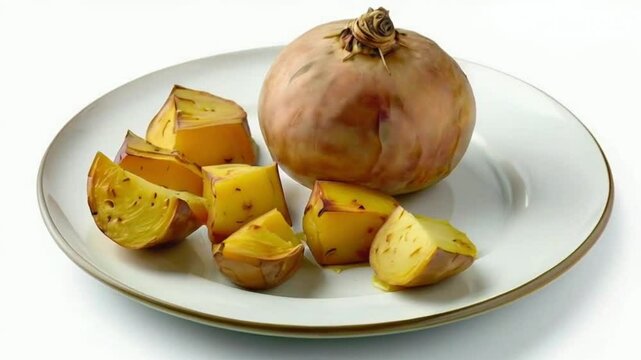 Rotate Plate with Rutabaga on white background. French pastry High quality HD 4K Video Clip