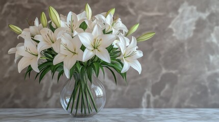 White lilies in a glass vase on marble.
