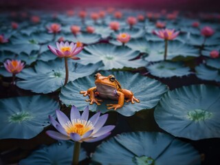 A frog sits on a lotus leaf with lotus flowers. Colorful water lily and frog.