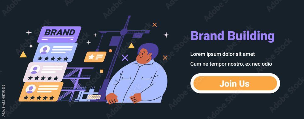 Poster brand building concept with construction elements and user reviews. features a person observing a cr