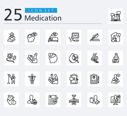 MEDICATION ICON SET OUTLINE STYLE  with therapeutic, telemedicine, alternative medicne, drug addiction, sleep medicine, medical devices, plastic surgery, palliative care and infectious disease