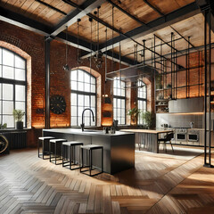 rooms with exposed brick, metal elements, and a modern industrial look, often featuring raw materials and bold contrasts