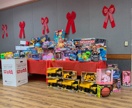 San Diego, CA USA on December 1, 2018. Toys Collected for  U.S Marine Corps Reserve Toys for Tots Campaign at a Senior Center.