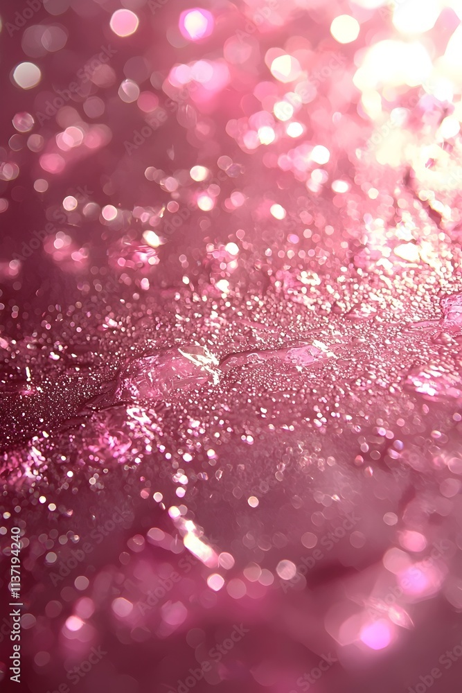 Poster a close-up of shimmering pink glitter, capturing light reflections and a dreamy bokeh effect, creati