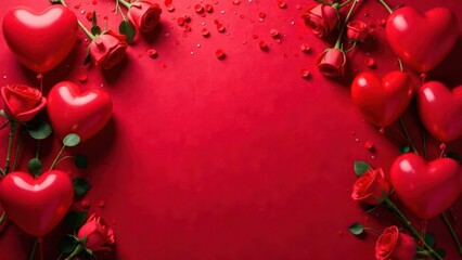 roses and red hearts on a red background, inside there is empty space for text