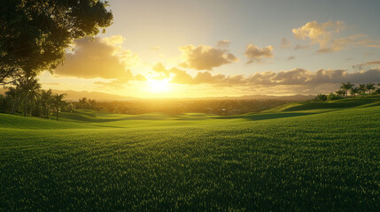 Green lawn and trees background with copyspace. Nature background concept. Generative AI