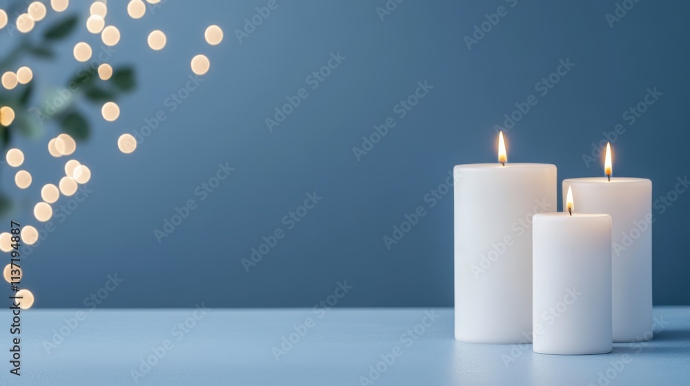 Poster softly glowing white candles on a calm blue background with bokeh lights creating a tranquil atmosph