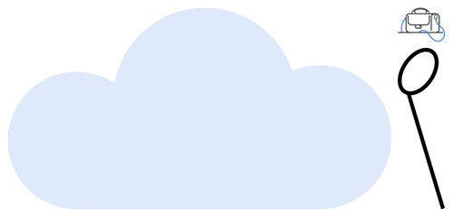 Large blue cloud with magnifying glass and small business briefcase. Ideal for cloud technology, data analysis, business strategy, marketing, cybersecurity, research, and online storage. Line