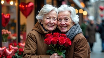 old gray-haired woman smiling happily and holding a bouquet of red roses, hugging an old gray-haired woman on blurred background of a flower shop with heart-shaped red balloons, valentine's day LGBTQ