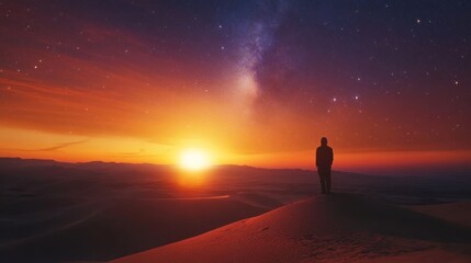 Obraz premium A serene figure watches a vibrant sunset over a desert landscape, with stars in the sky.