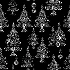 Seamless pattern of Christmas trees with ornaments