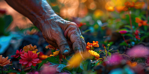 Weathered Hand and Multicolored Flowers in Garden
