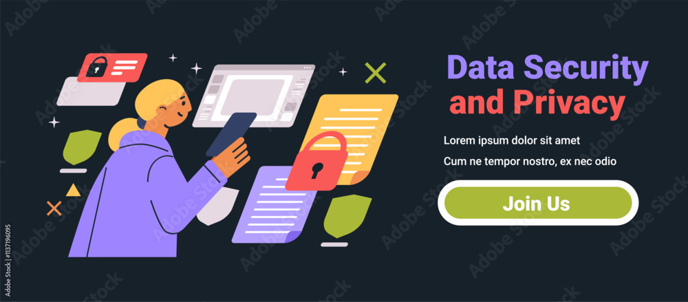 Poster data security and privacy concept colorful illustration of a person using a smartphone with security