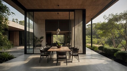 Fototapeta premium Luxury modern house and black steel elements,hotel-style interiors blending Indian and Indonesian aesthetics. Set in varied natural landscapes. (AI-generated)