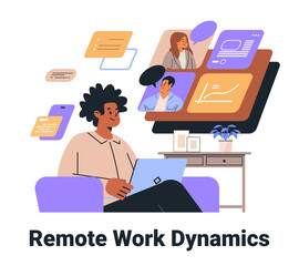 Remote work dynamics concept digital collaboration home office setting diverse team virtual meeting colorful graphics laptop modern workspace