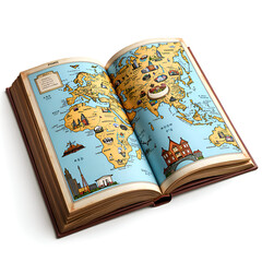 Discover the world  a vintage illustrated map book open to global landmarks and iconic locations, illustration of travel concept.