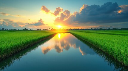 Serene Rice Fields at Sunset Reflecting Fiery Sky