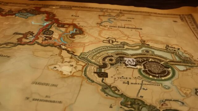 3D Treasure Map Featuring Moving Compass and Glowing Marked Path