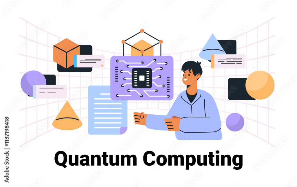 Poster quantum computing concept with person interacting with digital elements and geometric shapes on a gr