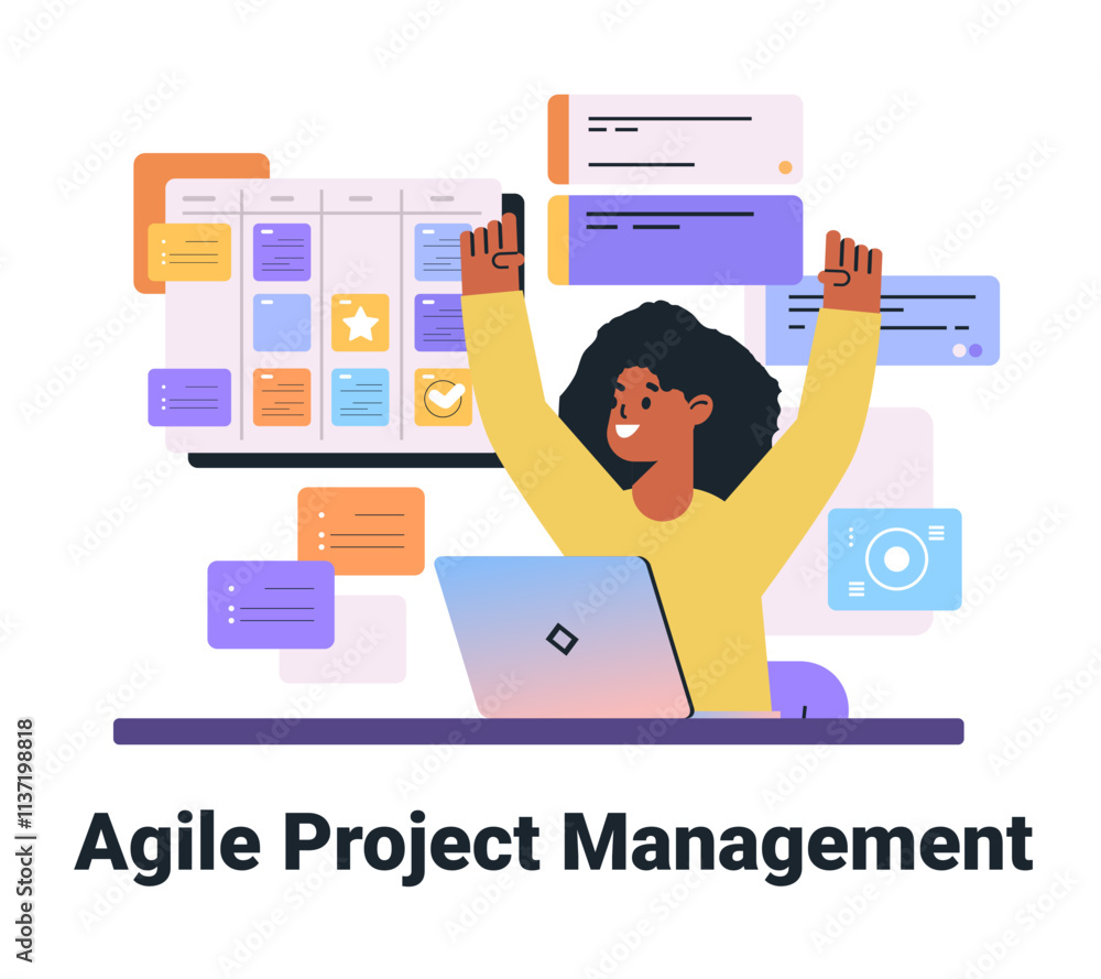Poster agile project management concept with person celebrating success digital task board colorful interfa