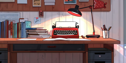 Illustration of a Writer's Desk with Typewriter and Books
