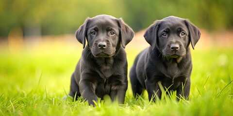 Playful black labrador puppies exploring outdoors in a grassy field, labrador, puppies, black,...