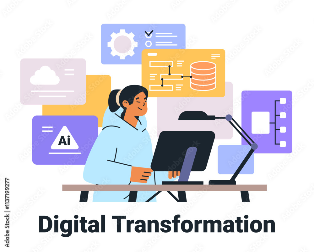 Poster digital transformation concept woman working technology colorful interface elements tech icons desk 