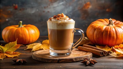 Pumpkin spice latte served in a clear glass mug, Pumpkin spice, Latte, Fall drink, Coffee, Glass mug, Autumn, Seasonal