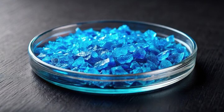 Bright blue copper sulfate crystals in a Petri dish on a dark surface , copper sulfate, blue vitriol