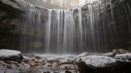 Close-up of waterfall with frozen water droplets