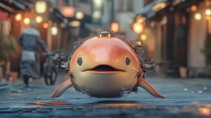 A Fish-Shaped Robot Walks Through a City