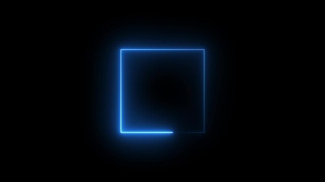 glowing neon light. square frame royal blue color animation neon light on black background. Abstract glowing neon frame rectangle icon animation background.