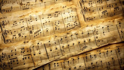 Vintage sheet music with handwritten lyrics, nostalgia, retro, musical background, aged, antique