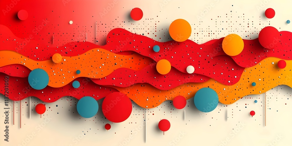 Poster a vibrant abstract design featuring overlapping red, orange, and yellow wavy shapes complemented by 