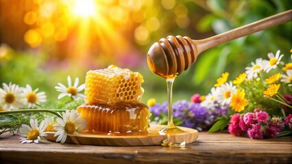 Wooden honey dipper with honey dripping on a comb in nature setting with flowers , honey, dipper, wooden, dripping, comb, natural