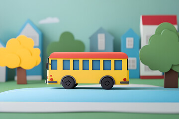 Cute yellow school bus in a colorful paper art landscape with trees, houses, and sky perfect for education themes, kids learning visuals, toy designs, and school projects
