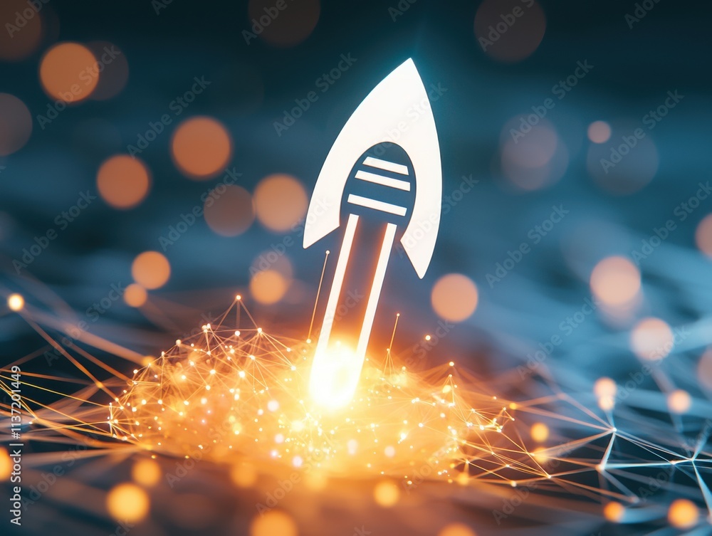 Aufkleber launch vision branding concept. rocket launching with glowing sparks in a digital space environment.